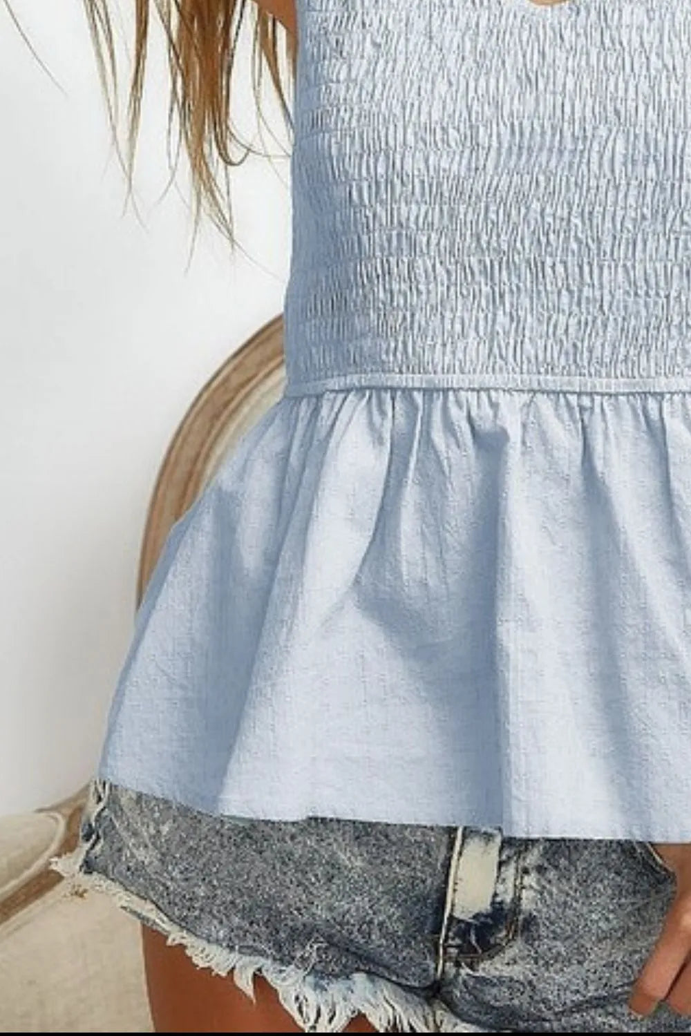 Women’s Eyelet Sleeveless Peplum Top – Ice Blue with Smocked Waist | AmiHugs Tanks & Camis