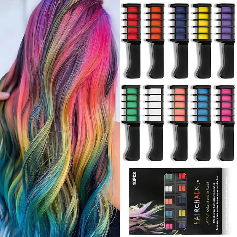 Temporary Hair Chalk Comb Set Fashion Makeup Toy Kits – 10 Colors