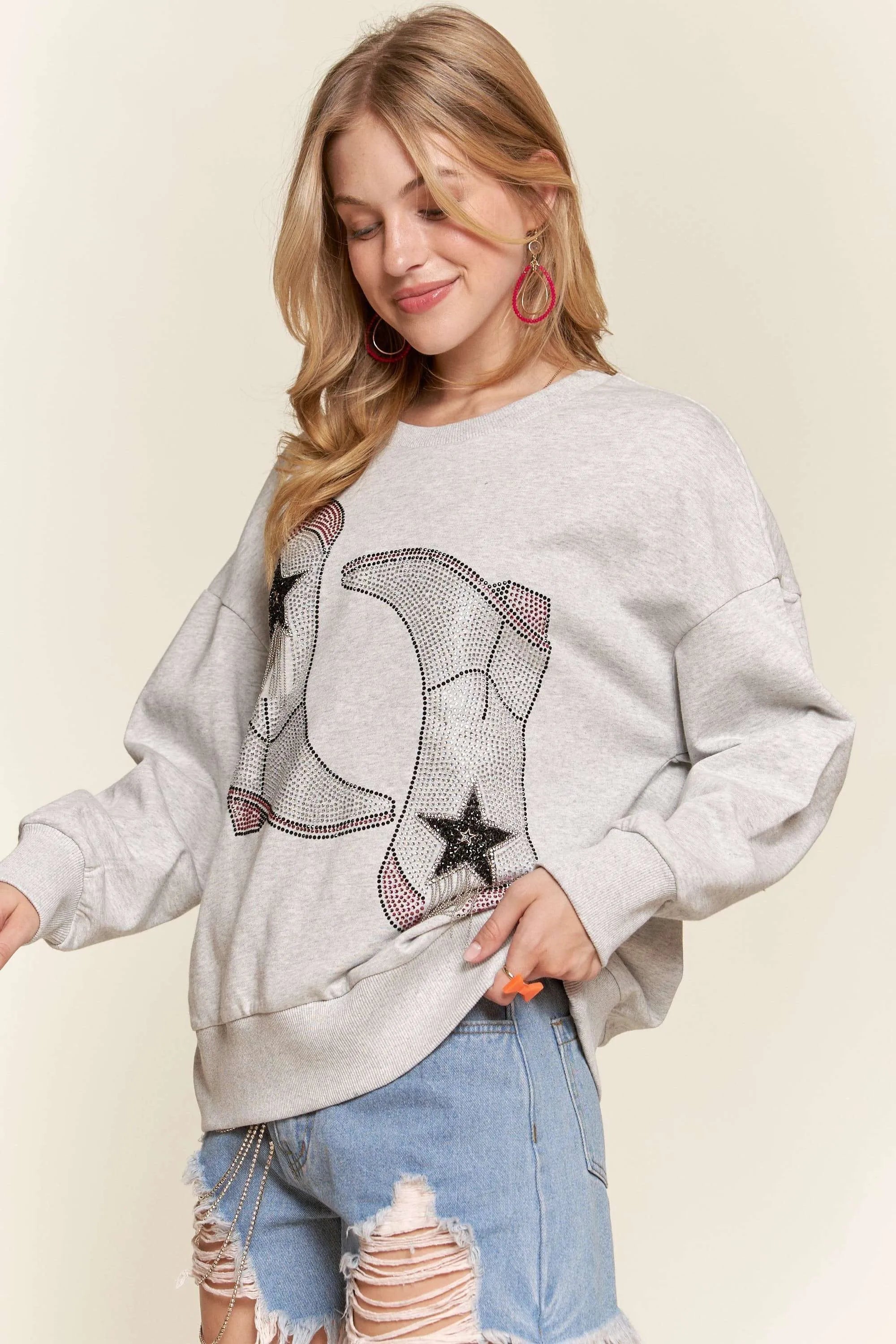 Women’s Light Grey Casual Sweatshirt – Rhinestone Accent Pullover | AmiHugs Sweatshirts & Hoodies