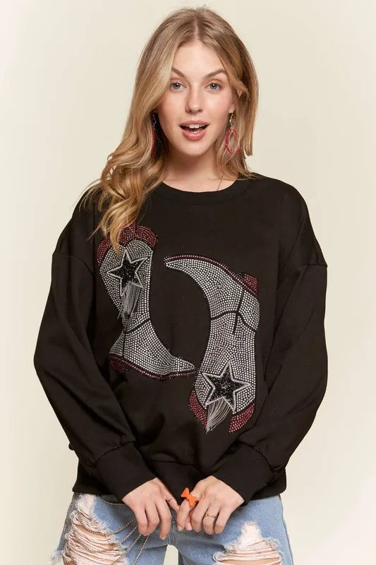 Women’s Black Casual Sweatshirt – Rhinestone Accent Pullover | AmiHugs Sweatshirts & Hoodies