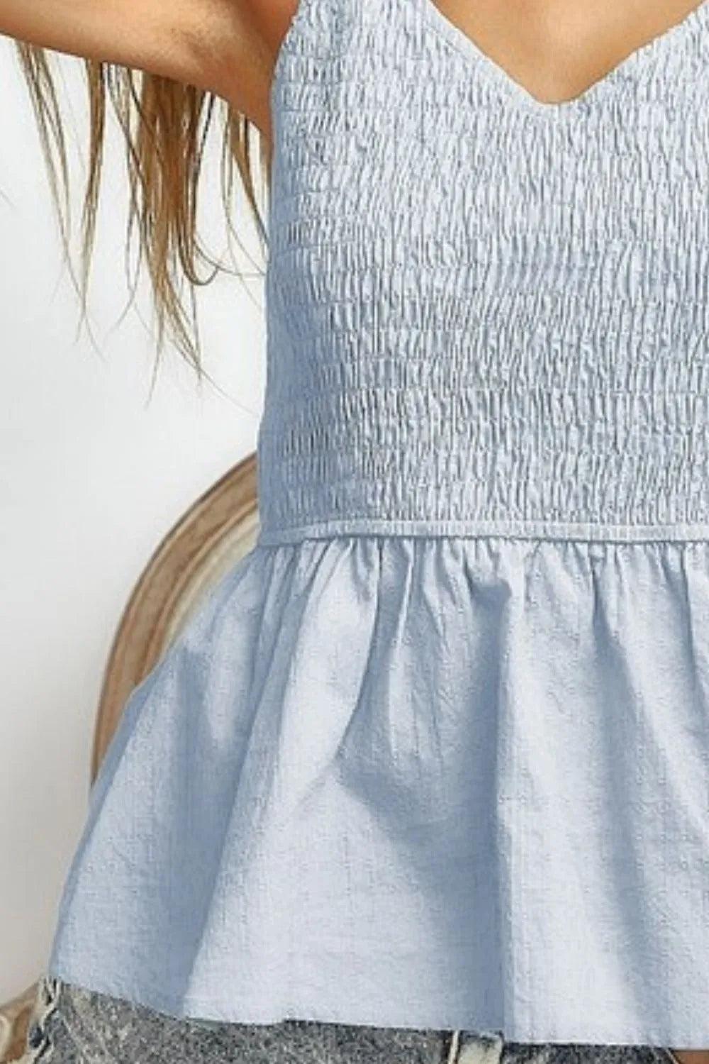 Women’s Eyelet Sleeveless Peplum Top – Ice Blue with Smocked Waist | AmiHugs Tanks & Camis