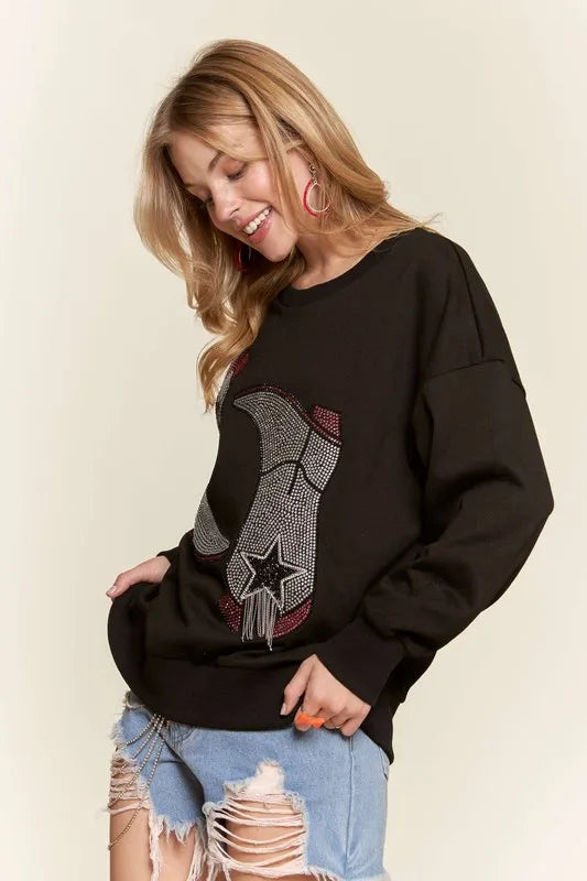 Women’s Black Casual Sweatshirt – Rhinestone Accent Pullover | AmiHugs Sweatshirts & Hoodies